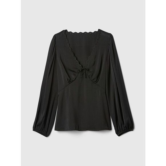 GAP Tops - NWT Gap Babydoll Blouse Womens Small Scallop Eyelet Satin Black Office Bow Top